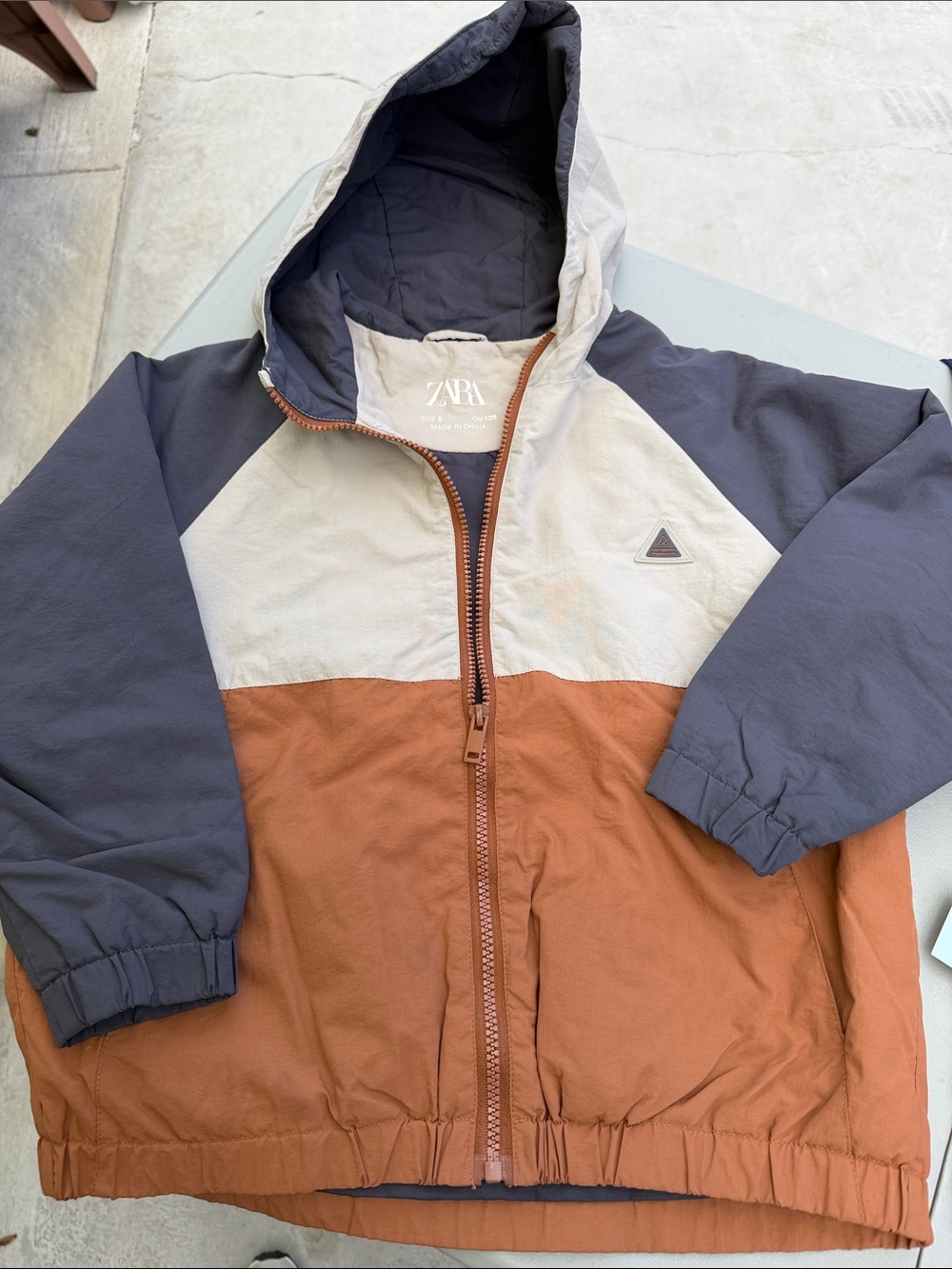 Zara Hooded Colorblock Jacket in Rust, Beige & Navy